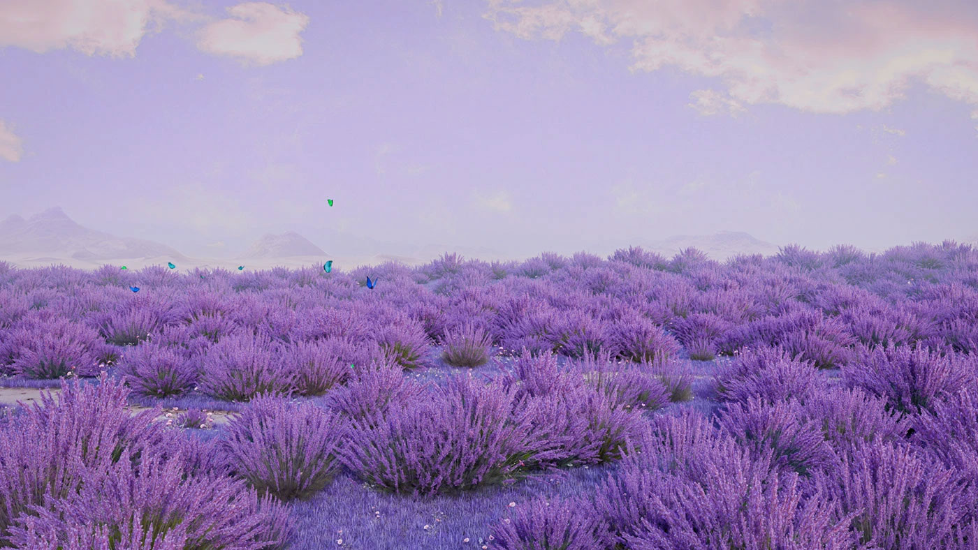 Whimsical 3D dreamscape of a lavender meadow with large mirrored spheres, a rainbow arch, and butterflies under a pastel sky. CGI by David Gobeev, RVRE graphics.