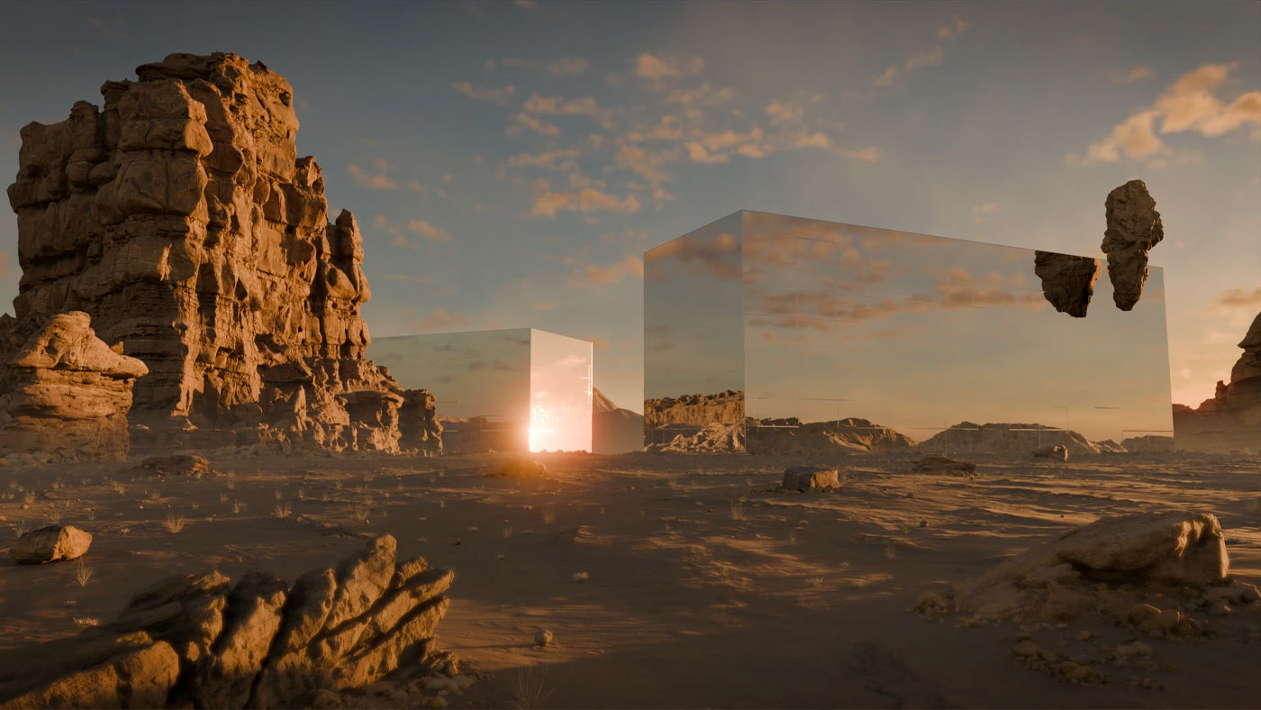 Surreal desert landscape with reflective cubes and rock formations at sunset, David Gobeev, rvre.graphics
