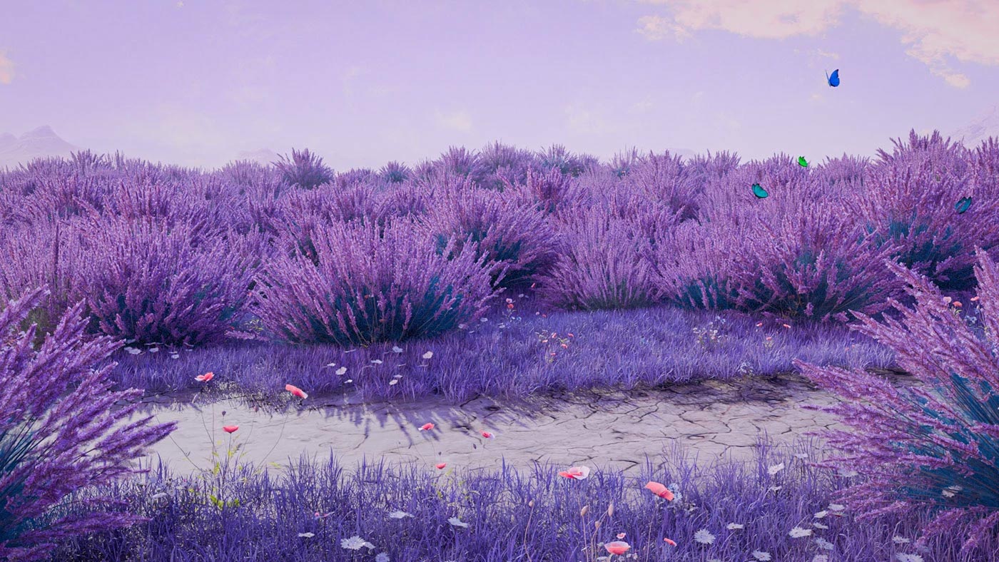 Whimsical 3D dreamscape of a lavender meadow with large mirrored spheres, a rainbow arch, and butterflies under a pastel sky. CGI by David Gobeev, RVRE graphics.