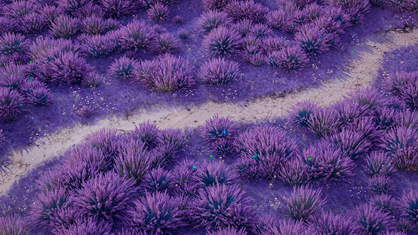 Whimsical 3D dreamscape of a lavender meadow with large mirrored spheres, a rainbow arch, and butterflies under a pastel sky. CGI by David Gobeev, RVRE graphics.