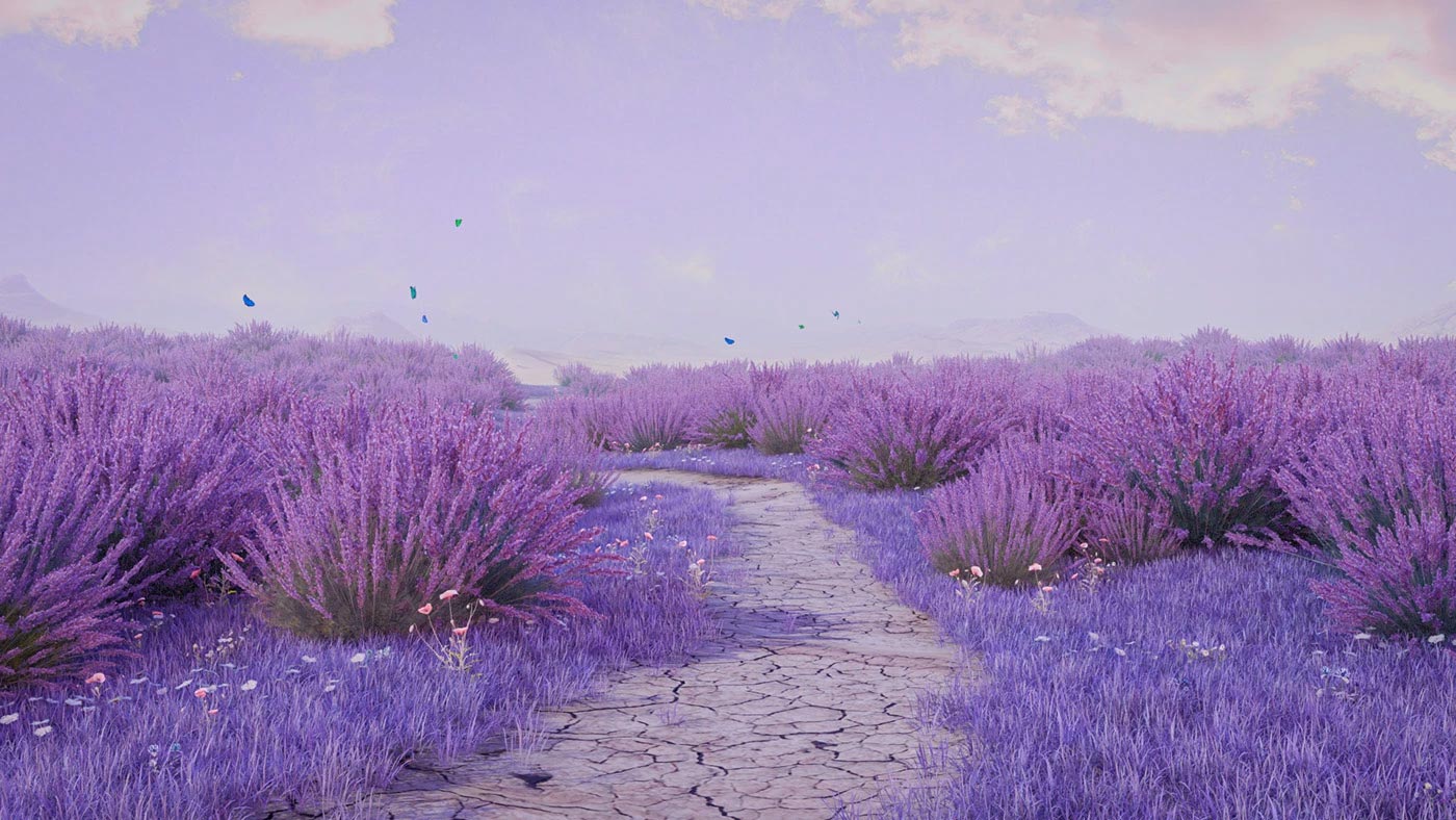 Whimsical 3D dreamscape of a lavender meadow with large mirrored spheres, a rainbow arch, and butterflies under a pastel sky. CGI by David Gobeev, RVRE graphics.
