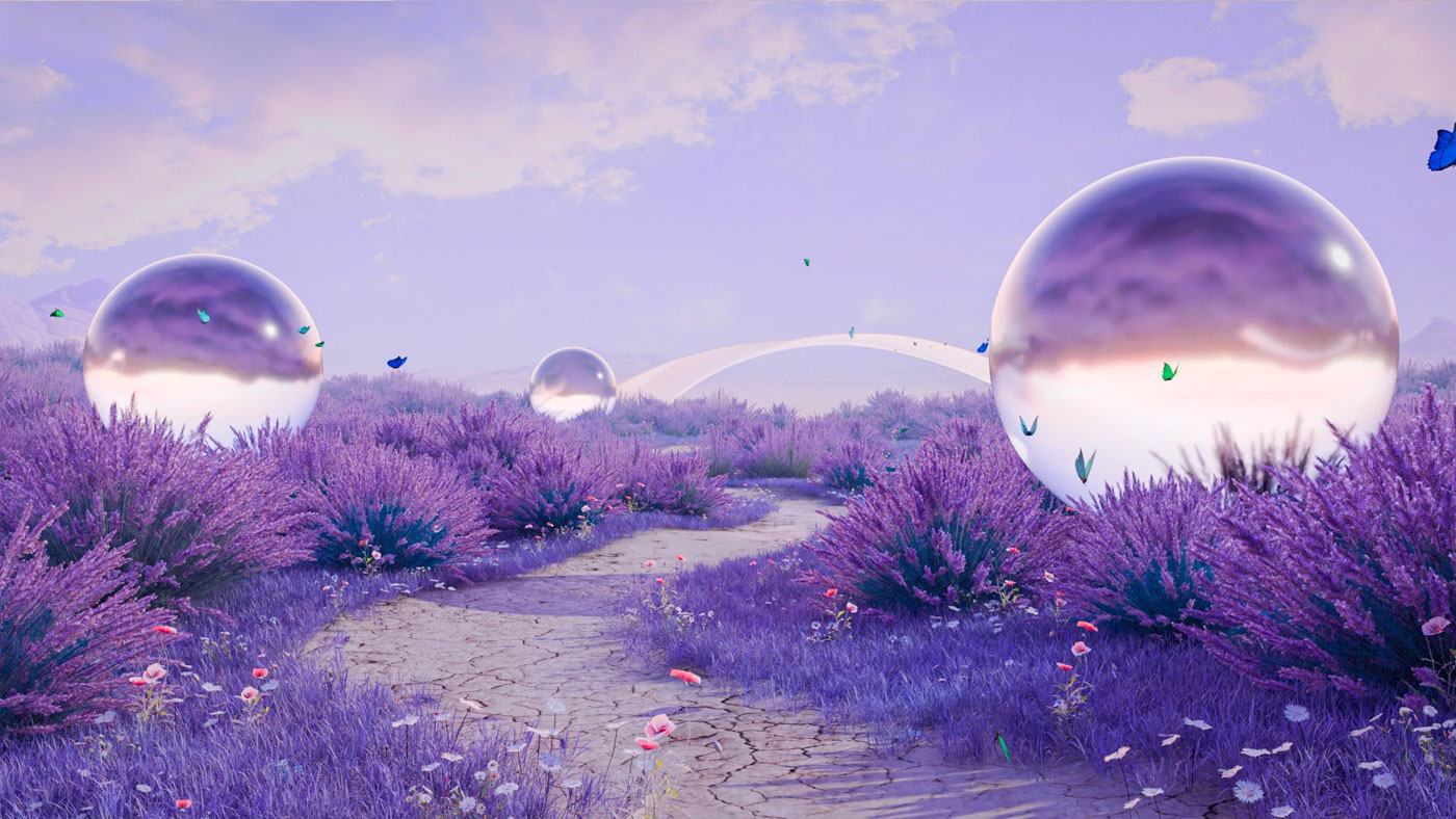 Whimsical 3D dreamscape of a lavender meadow with large mirrored spheres, a rainbow arch, and butterflies under a pastel sky. CGI by David Gobeev, RVRE graphics.