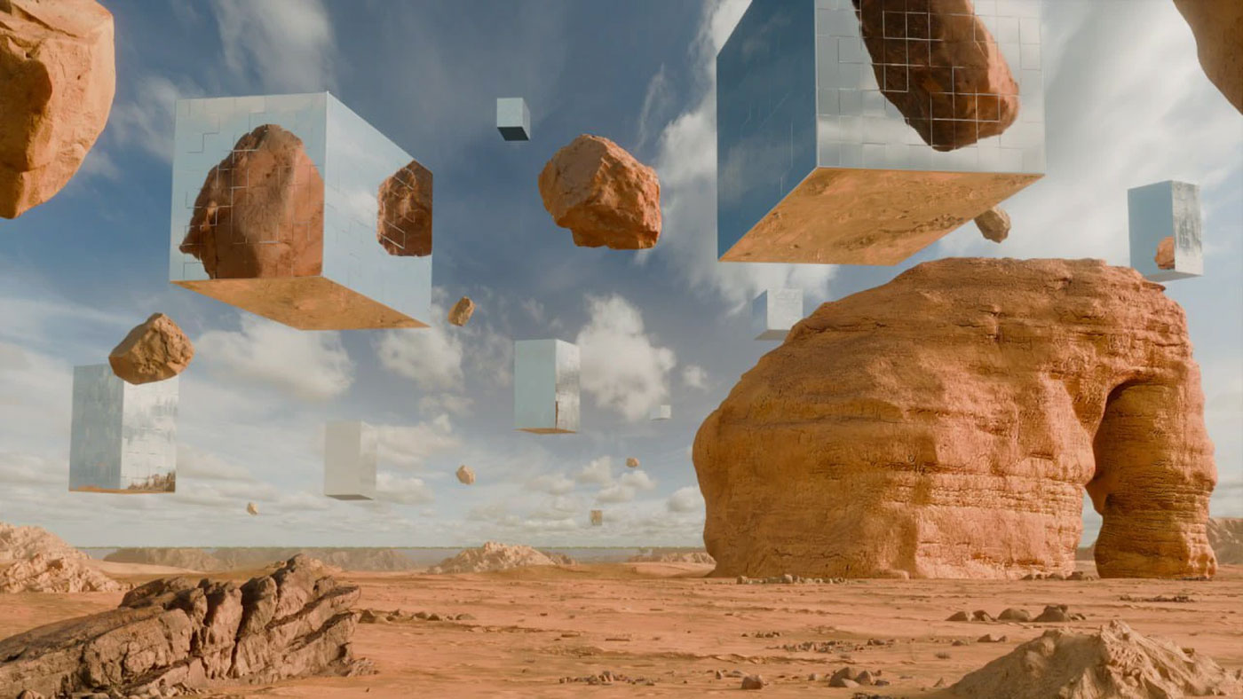 Surreal desert landscape with reflective cubes and rock formations at sunset, David Gobeev, rvre.graphics