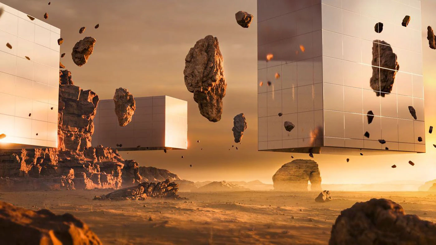 Surreal desert landscape with reflective cubes and rock formations at sunset, David Gobeev, rvre.graphics