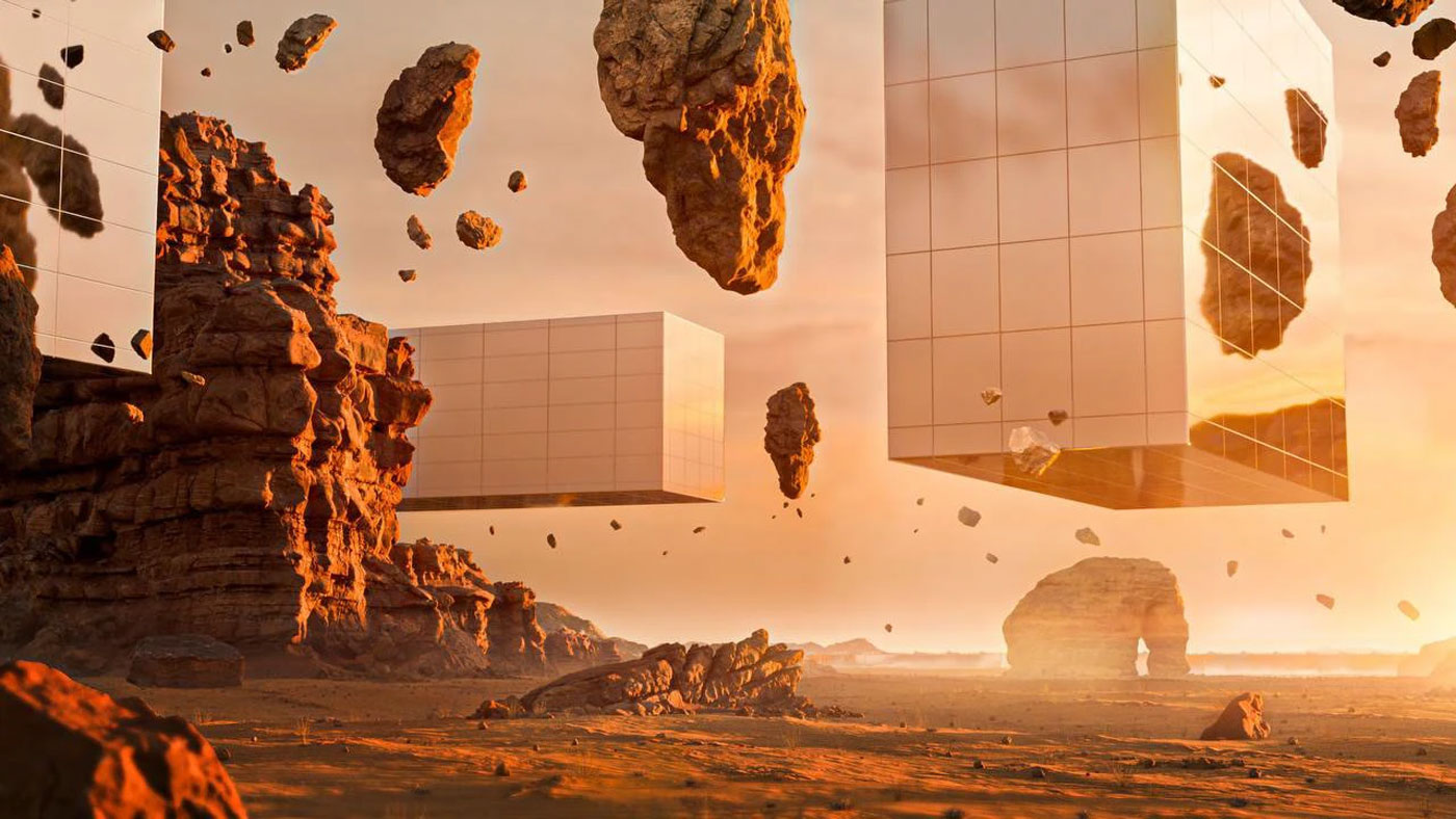 Surreal desert landscape with reflective cubes and rock formations at sunset, David Gobeev, rvre.graphics