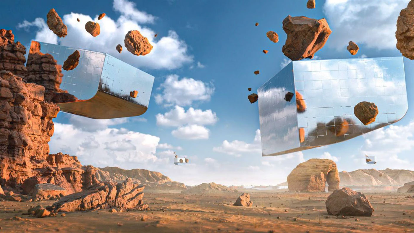 Surreal desert landscape with reflective cubes and rock formations at sunset, David Gobeev, rvre.graphics