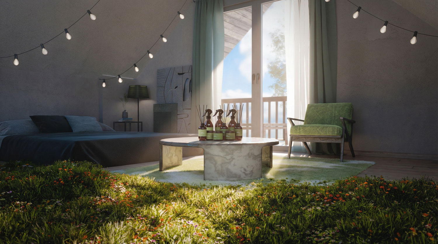 Photorealistic 3D render of a cozy bedroom with an overgrown grass and wildflower floor, featuring a marble coffee table with aroma diffusers, CGI artwork by David Gobeev, RVRE graphics