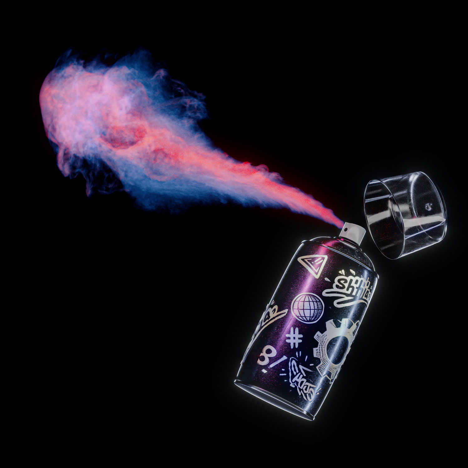 A CGI render of a spray paint can with a stream of pink and blue smoke emanating from the nozzle, against a black background. David Gobeev, rvre.graphics