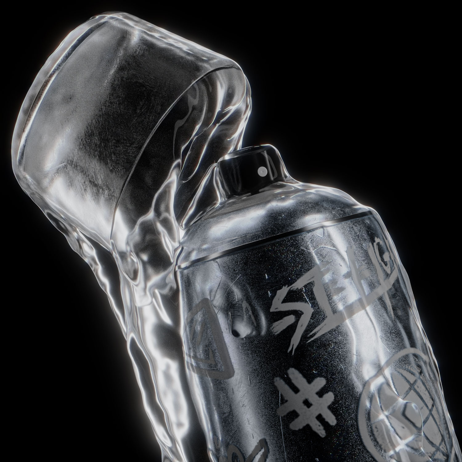 A transparent, liquid-like sculpture of a spray paint can with graffiti tags, rendered in CGI by David Gobeev, rvre.graphics